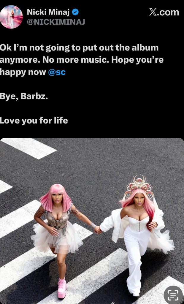 Screenshot of Nicki Minaj tweet claiming she’s done with music, symbolizing hip-hop’s algorithmic manipulation.